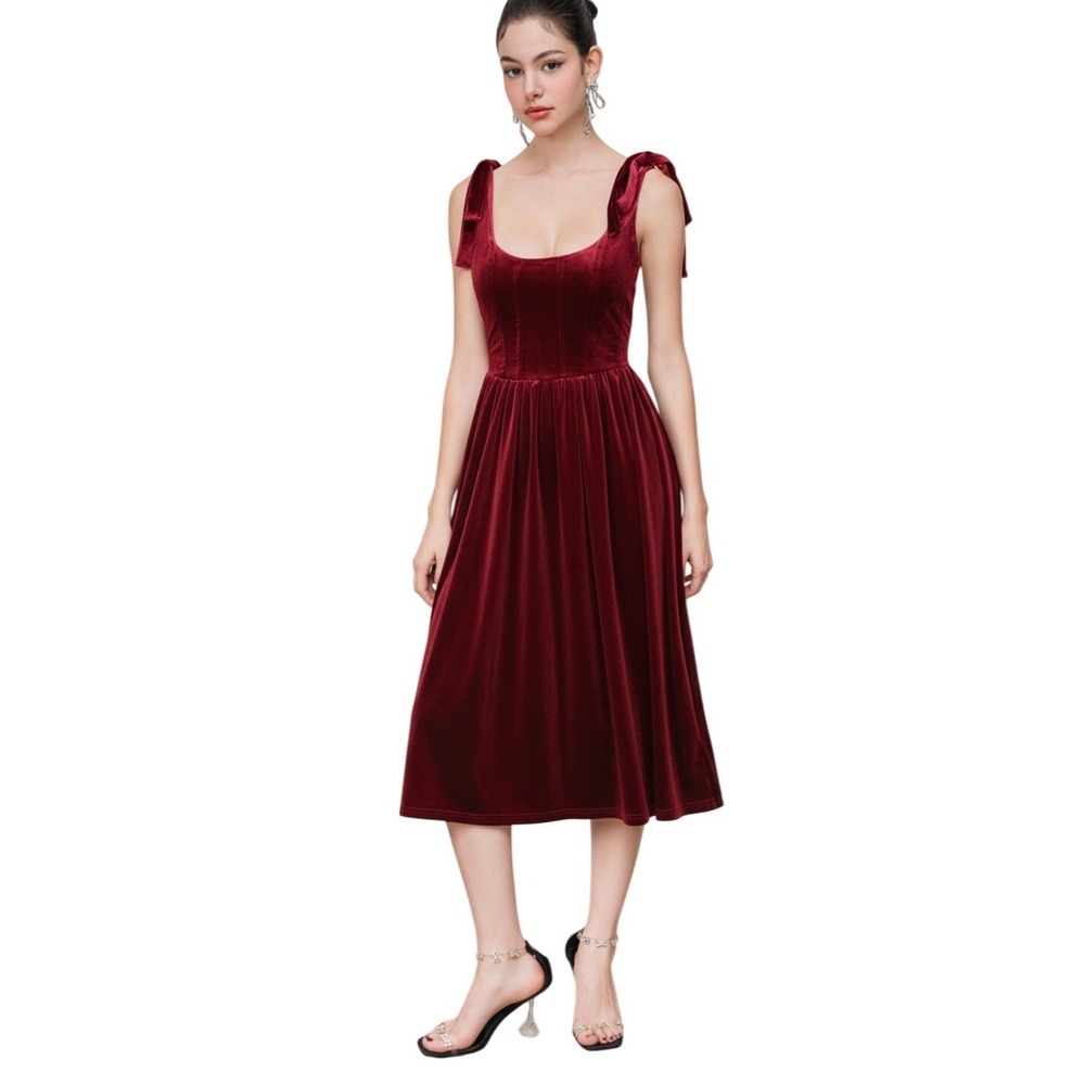 CIDER Velvet Tie Shoulder Midi Dressβ Burgundy Wine Red Women's Size M